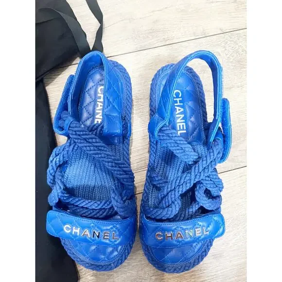 CHANEL Blue Cord Lambskin Quilted Cork PlatformLogo Sandals Size 6.5